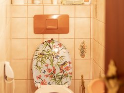 Charmantes Retro-Gäste-WC im 70er-Jahre-Stil – mit floralen Akzenten, goldener Wandleuchte und nostalgischer Keramik in warmen Tönen.